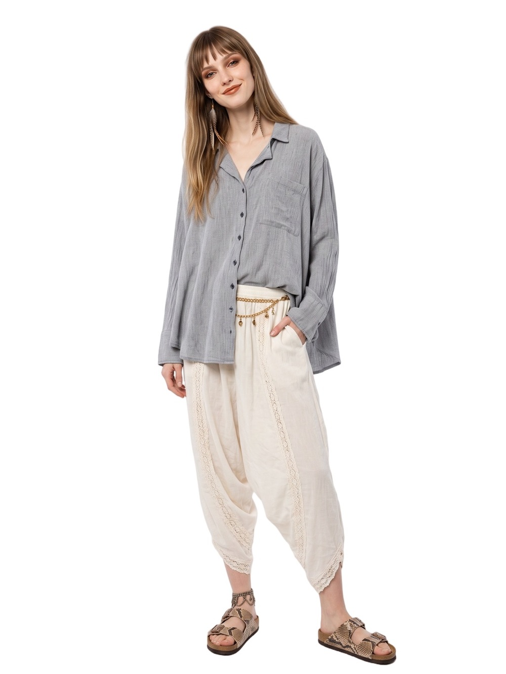 Free People Grey Blue Magic Breeze Button down Blouse Longsleeve Oversized Gauze - Picture 15 of 16
